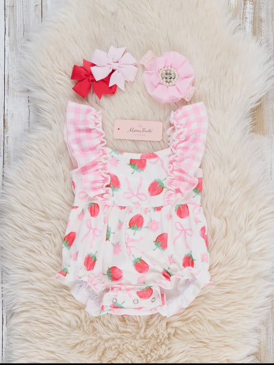 Strawberry Gingham Breeze Ruffle Bubble Romper