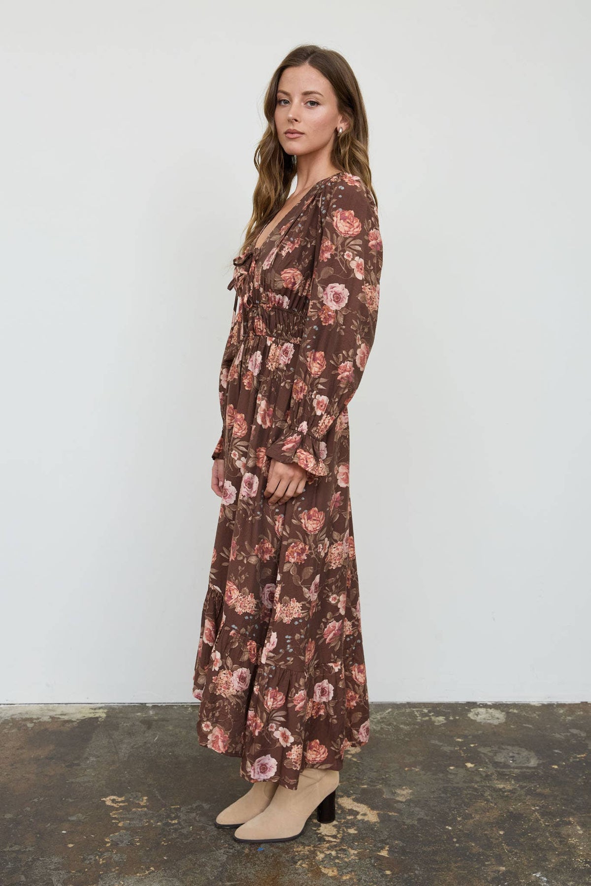 Brown Floral Fall Midi Dress