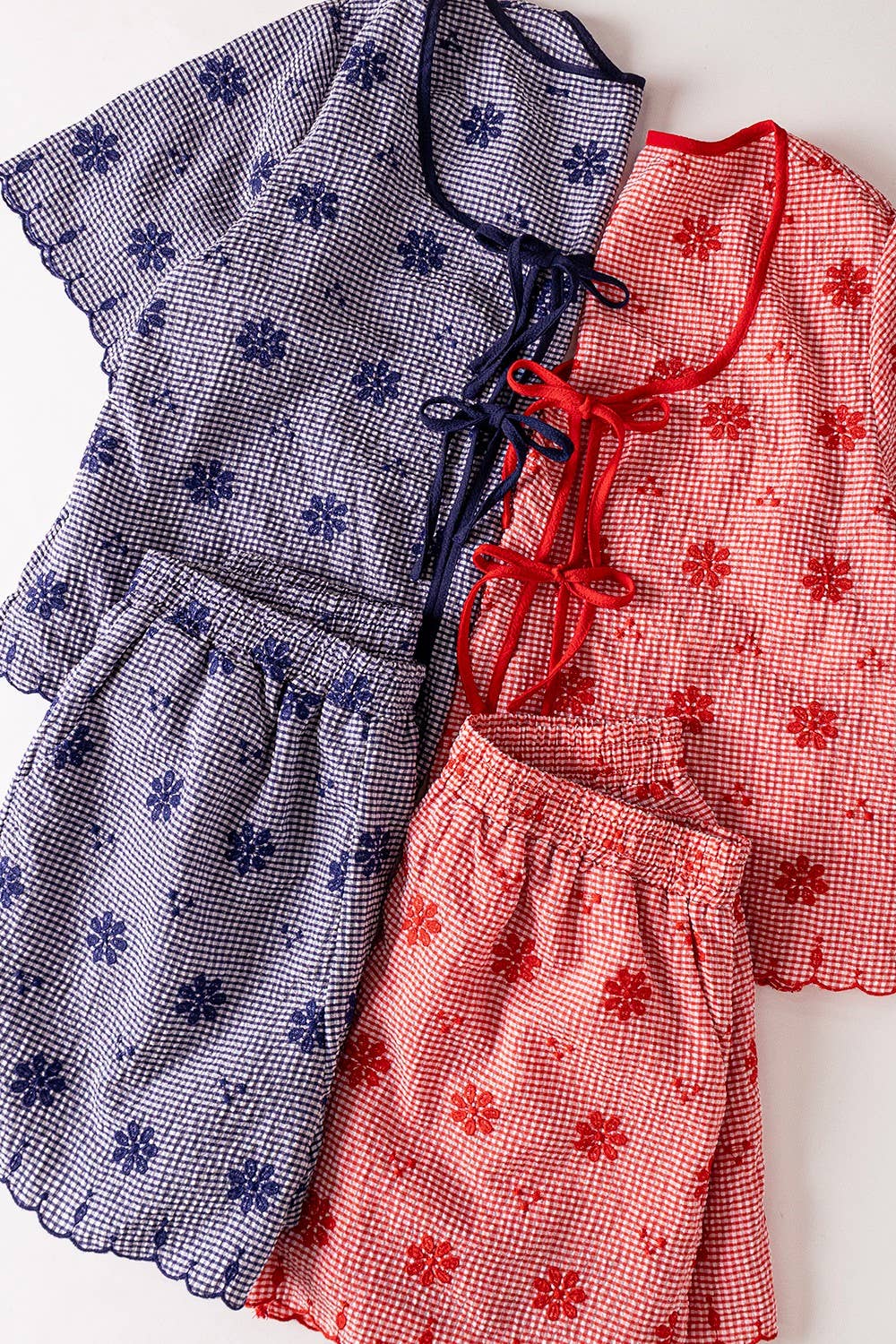 Floral Embroidery Navy Shorts Set