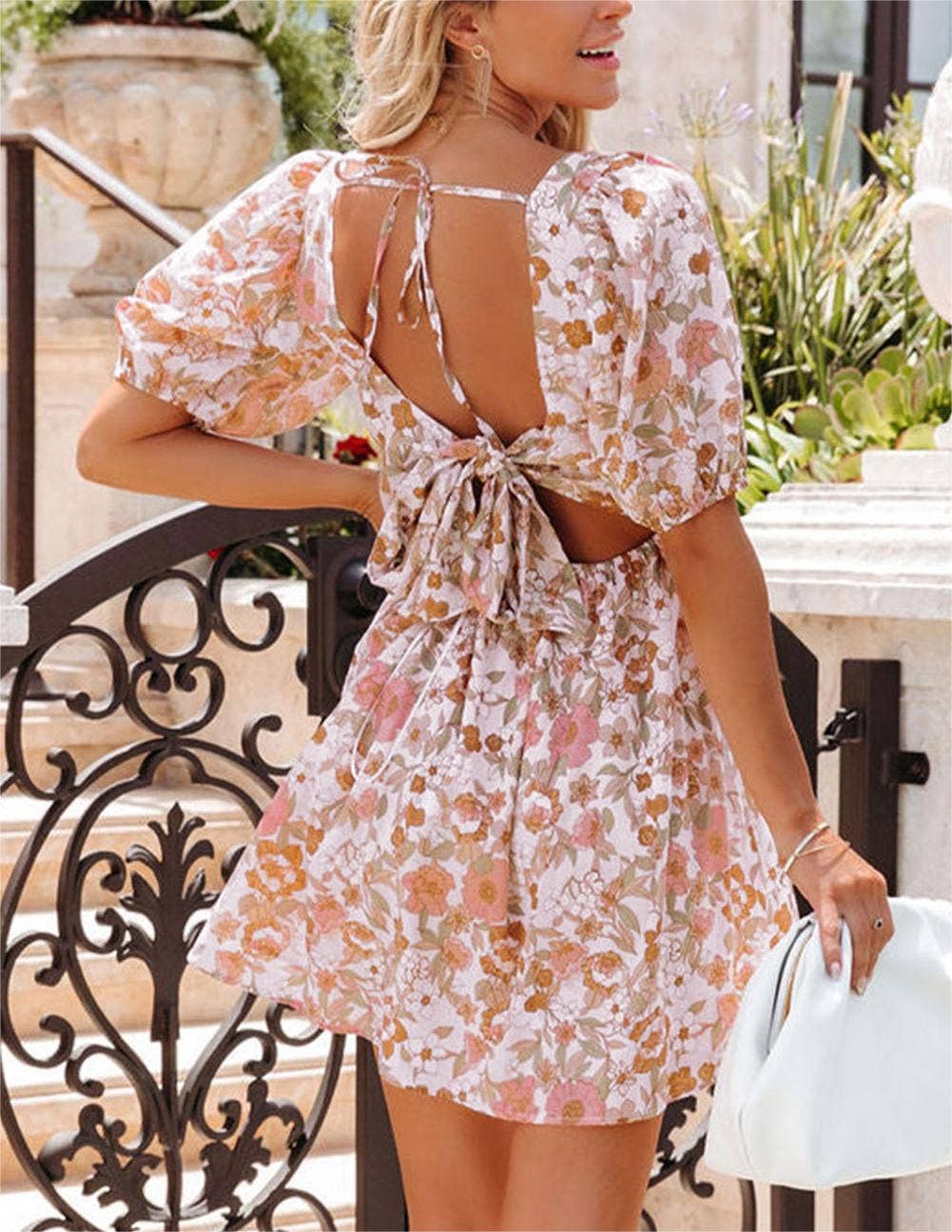 White/Floral Print Bow Knot Backless Square Neck Mini Dress: XTRA LARGE