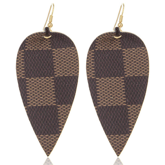 Brown Plaid Leather Earrings