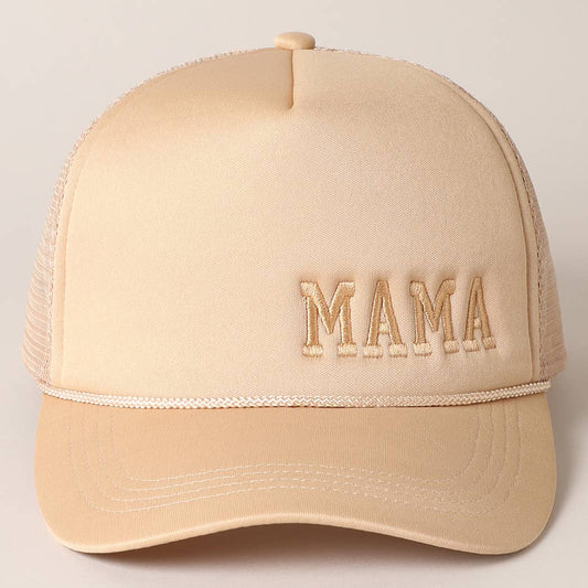 Mama Embroidered Foam Mesh Back Trucker Hat : Beige / ONE SIZE