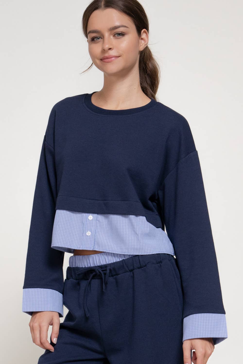 Navy Check Panel Sweatshirt