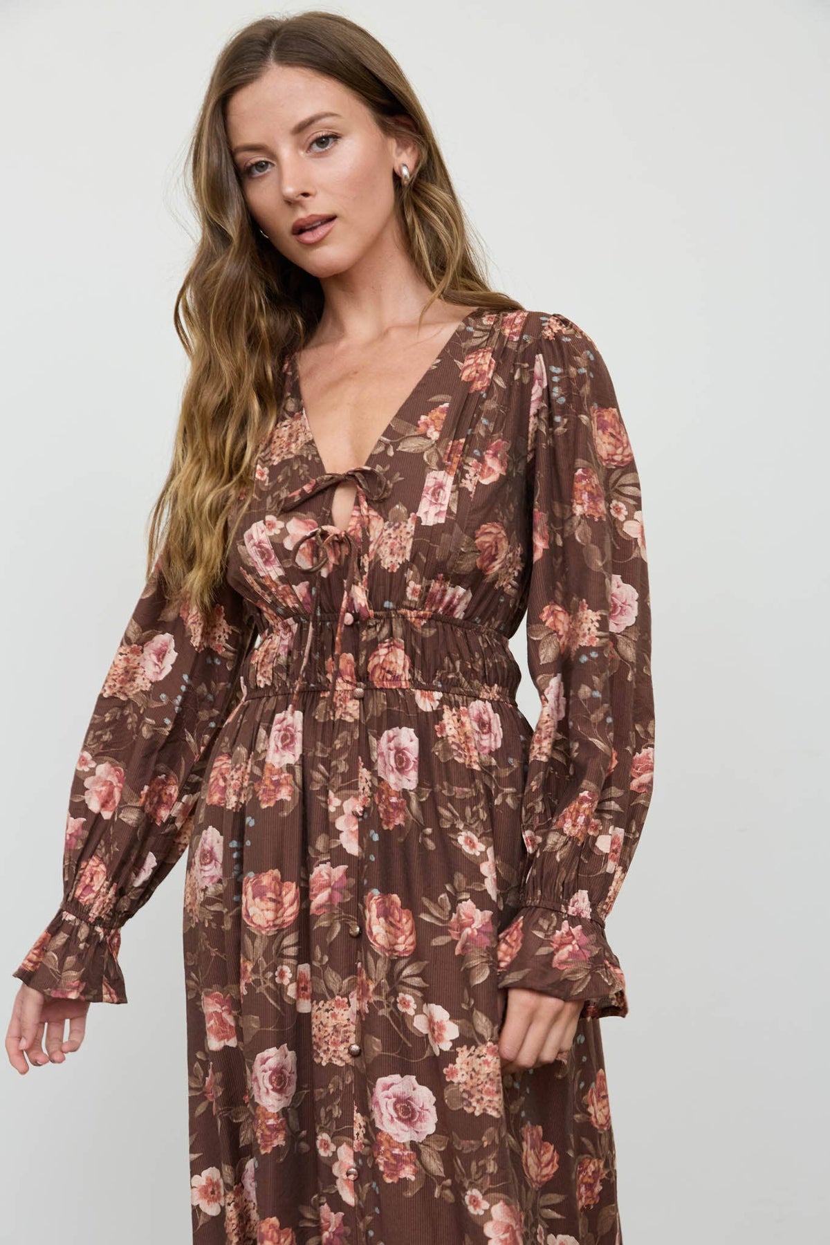 Brown Floral Fall Midi Dress