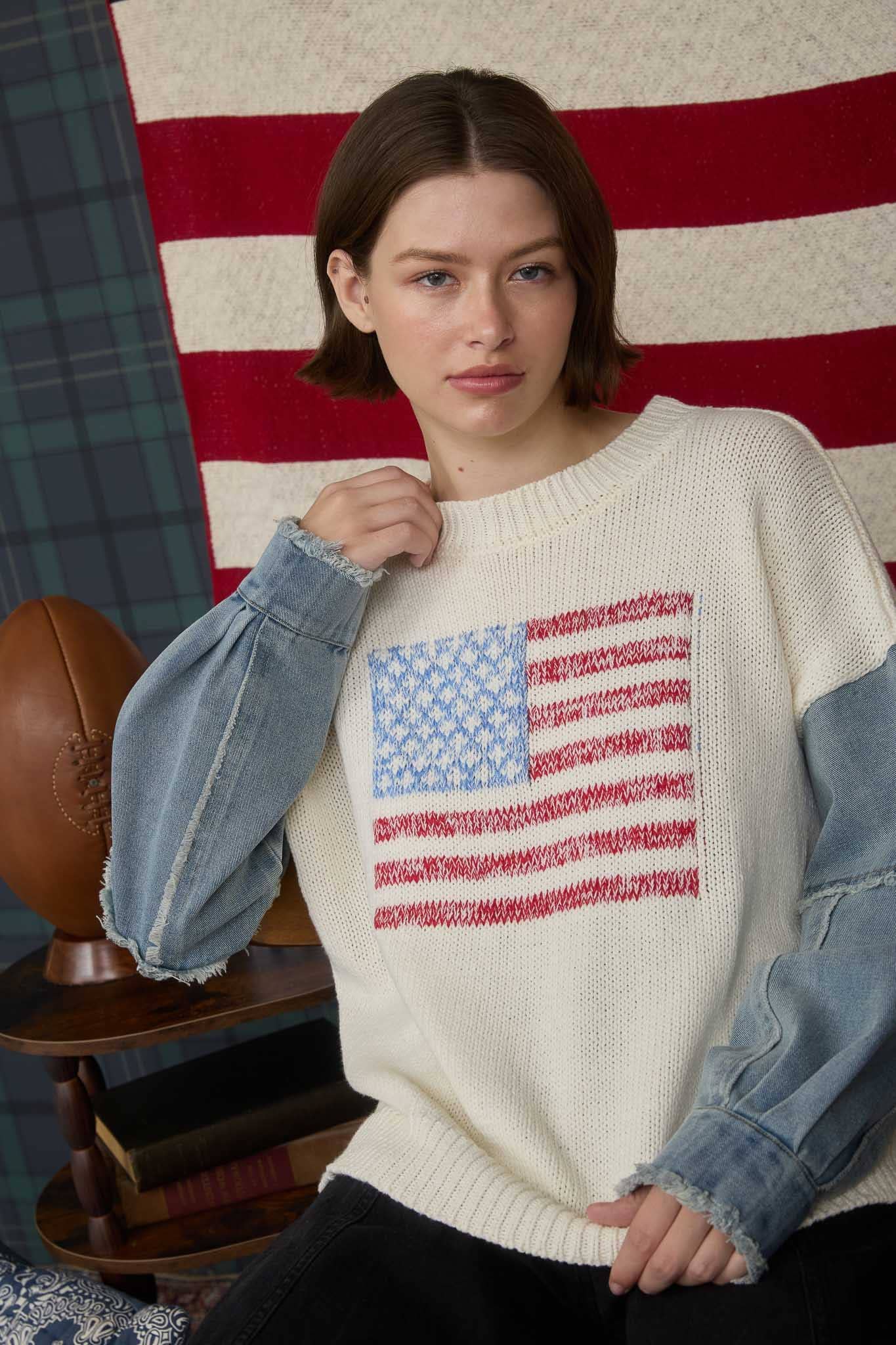 Denim Sleeve American Flag Ivory Sweater