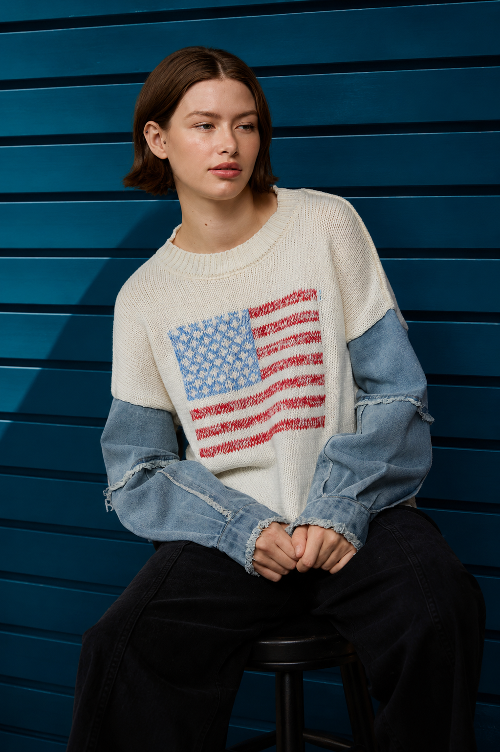 Denim Sleeve American Flag Ivory Sweater