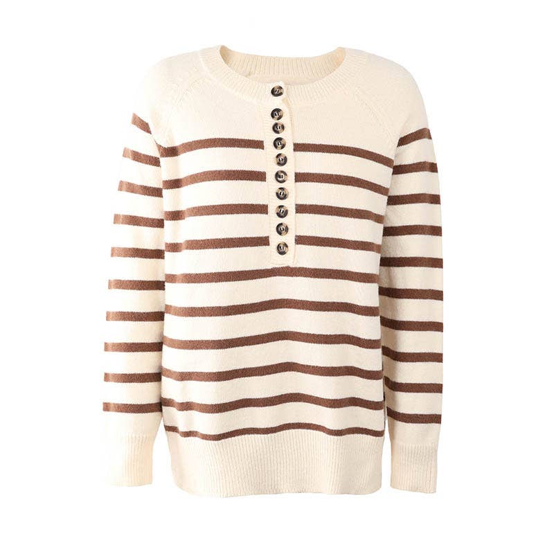 Quarter button up stripe sweater: Apricot