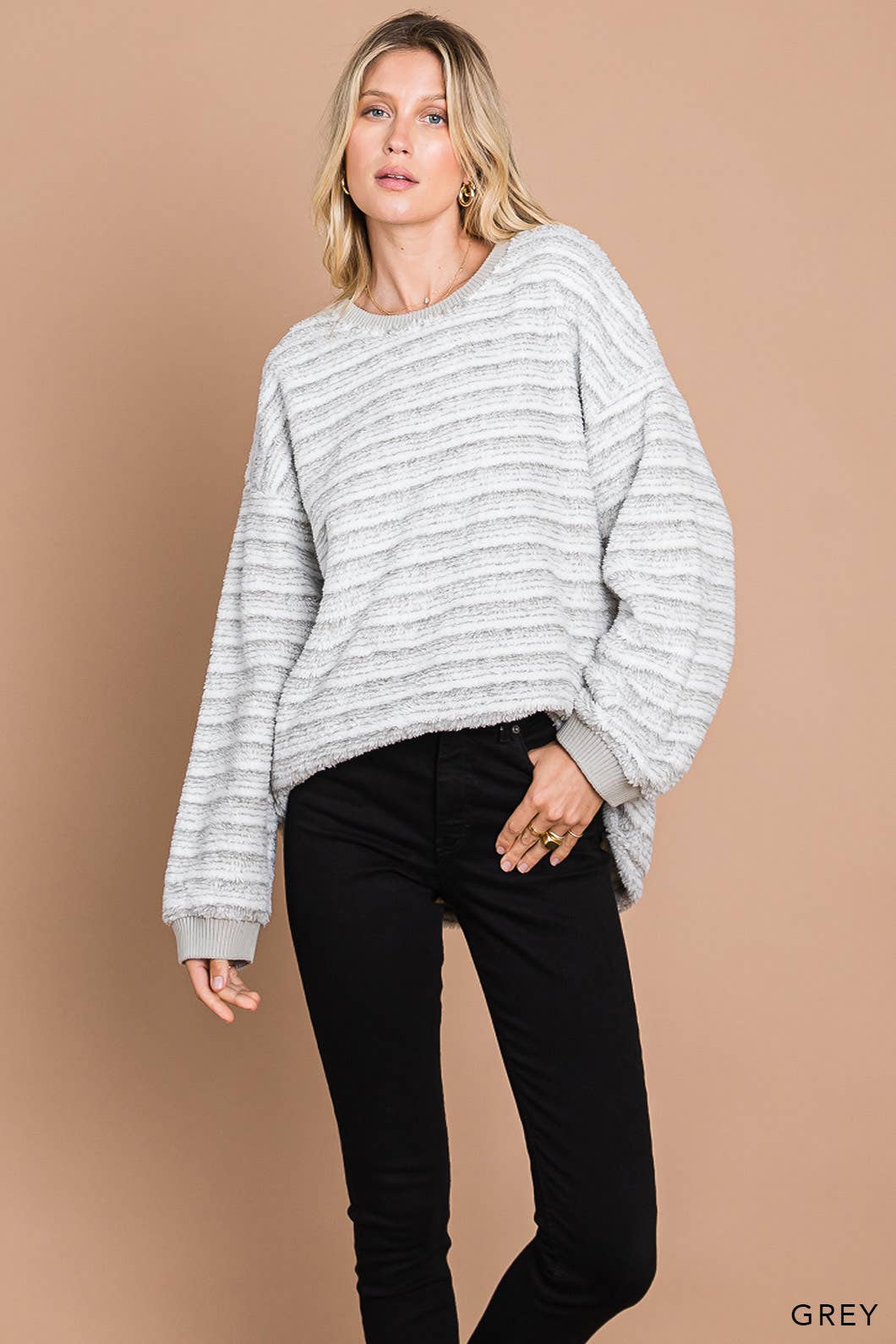 Casual Striped Faux Fur Pullover: GREY