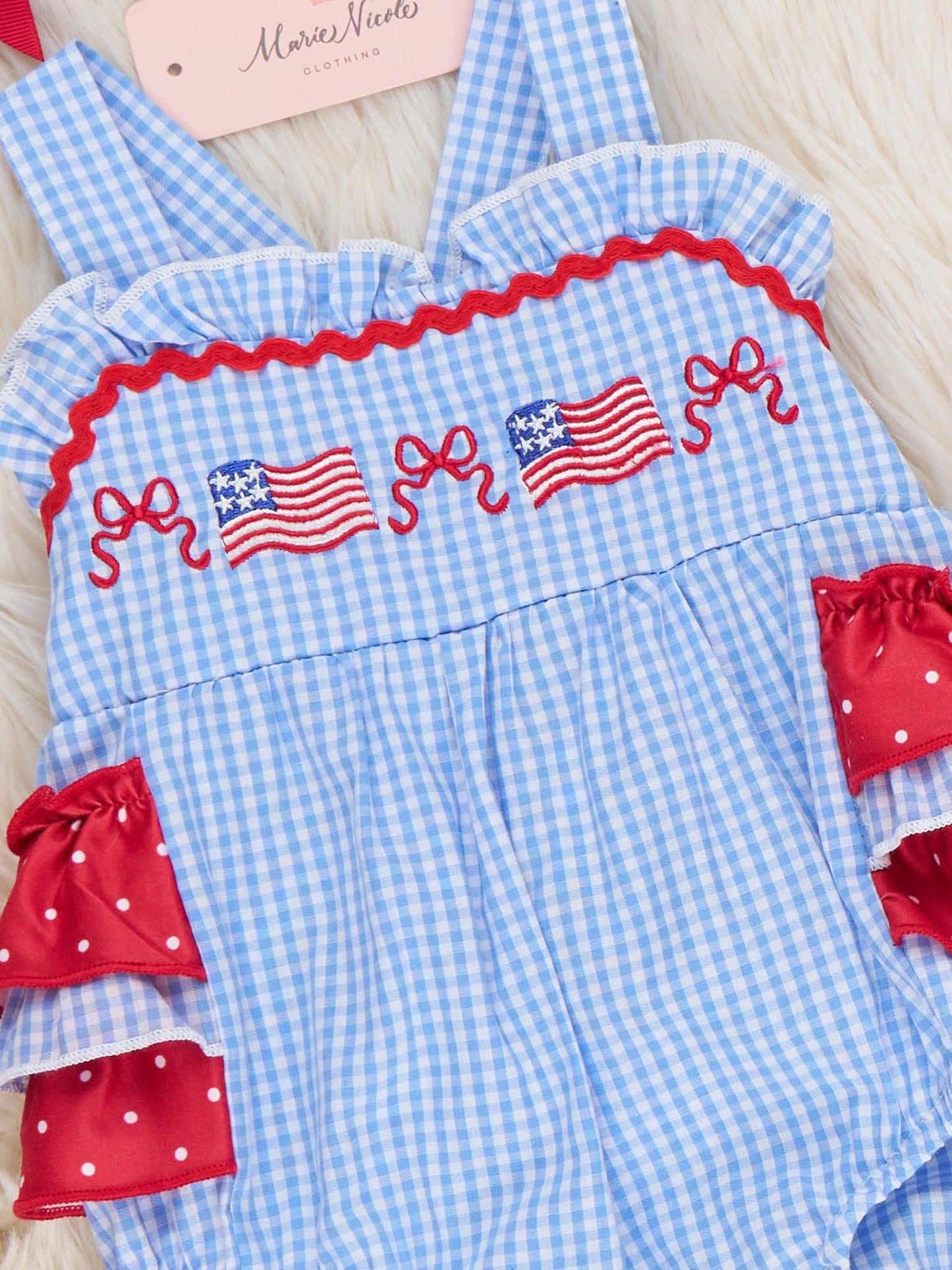 Patriotic Flag & Bows Embroidered Bubble Romper