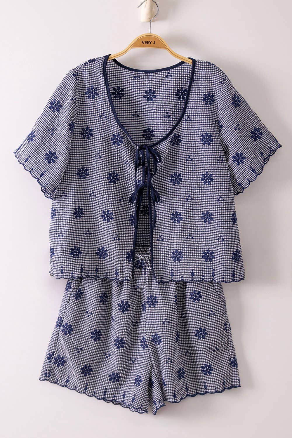 Floral Embroidery Navy Shorts Set