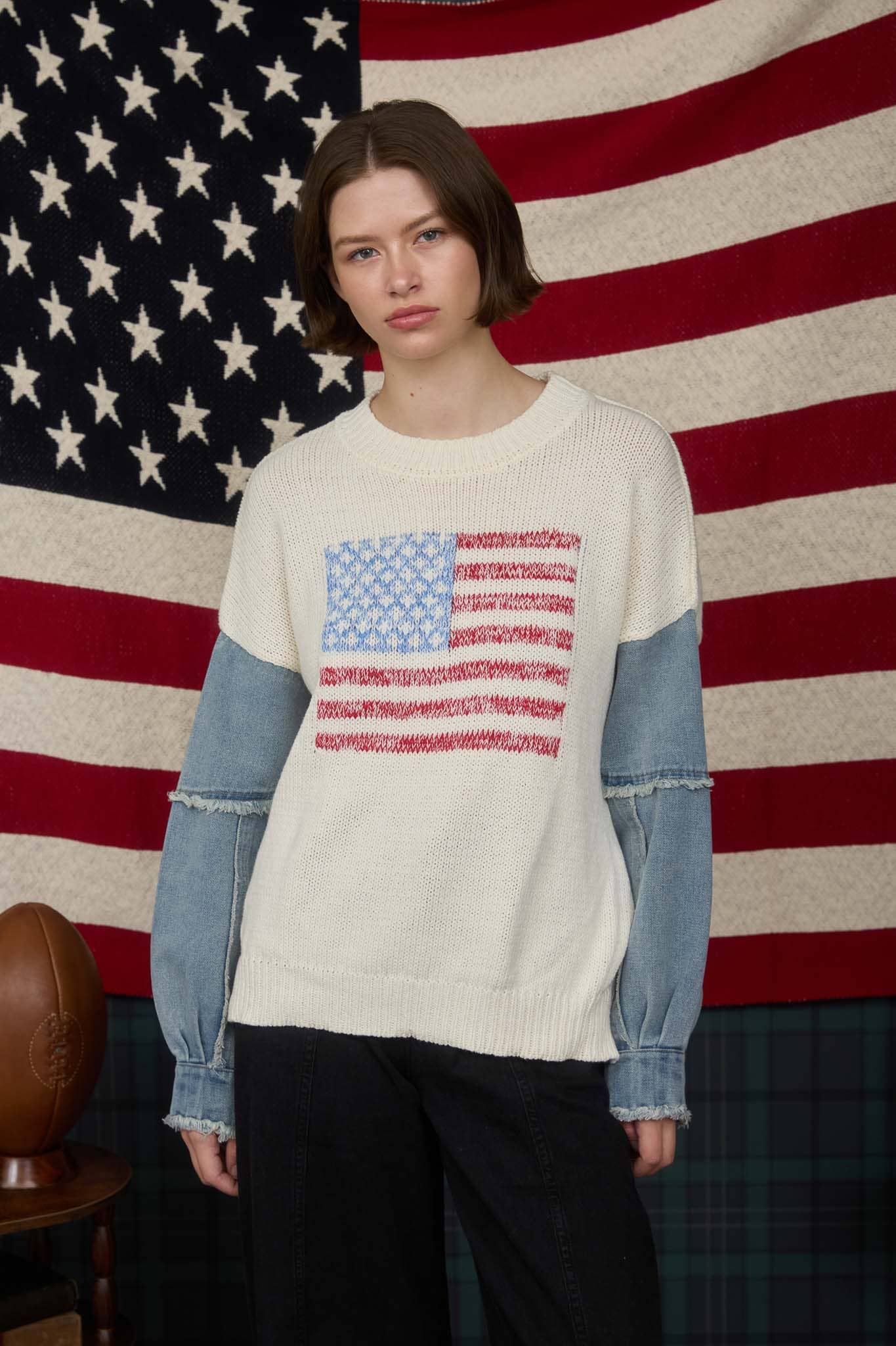 Denim Sleeve American Flag Ivory Sweater