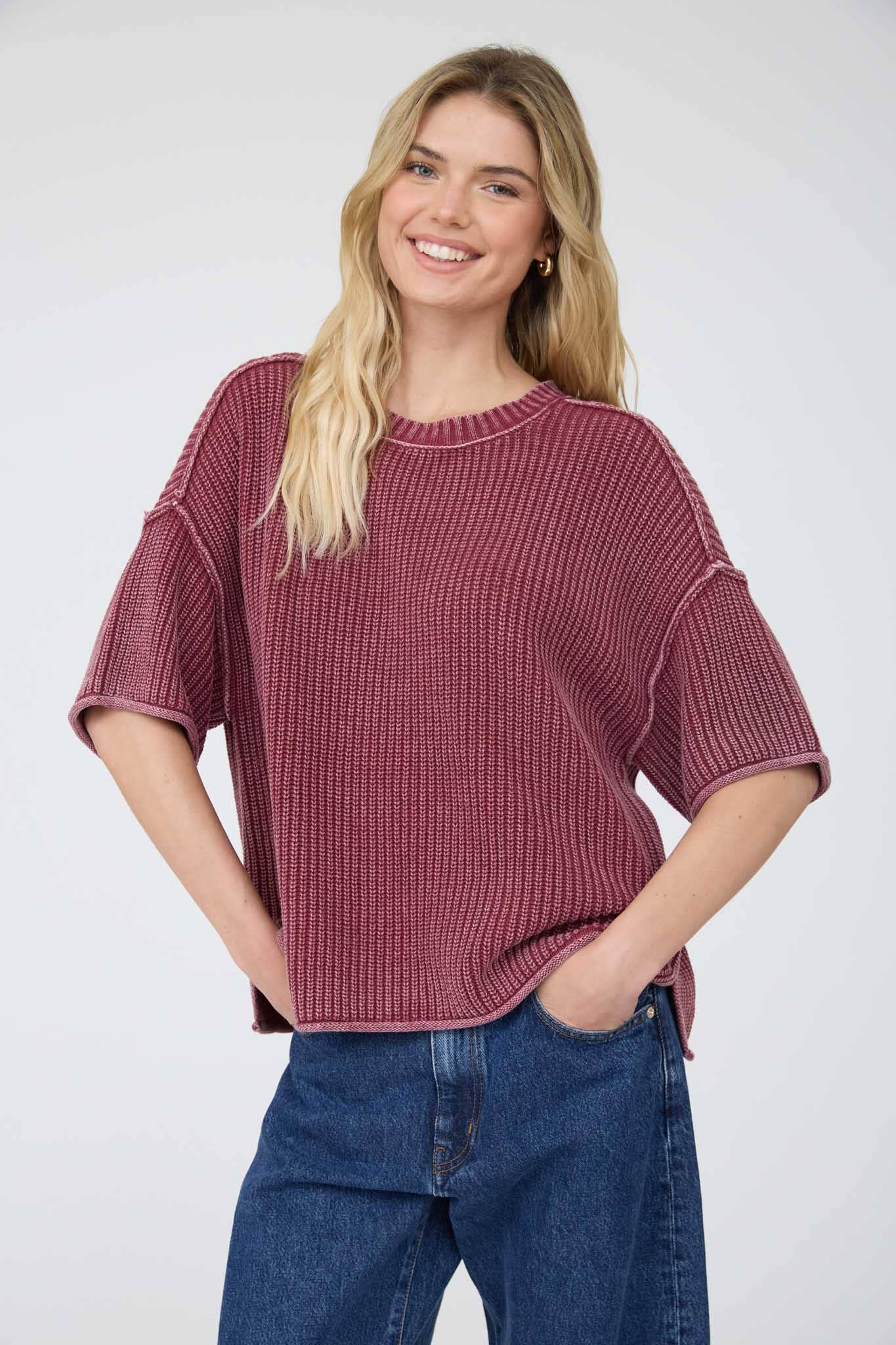 Burgundy Short Sleeve Sweater