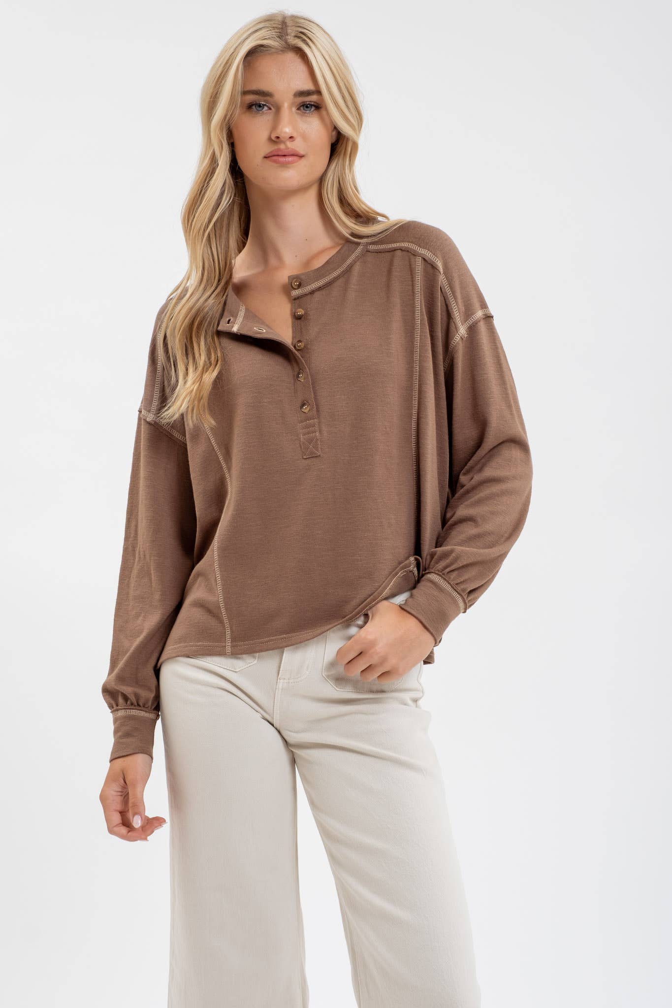 Brown Henley Knit Top