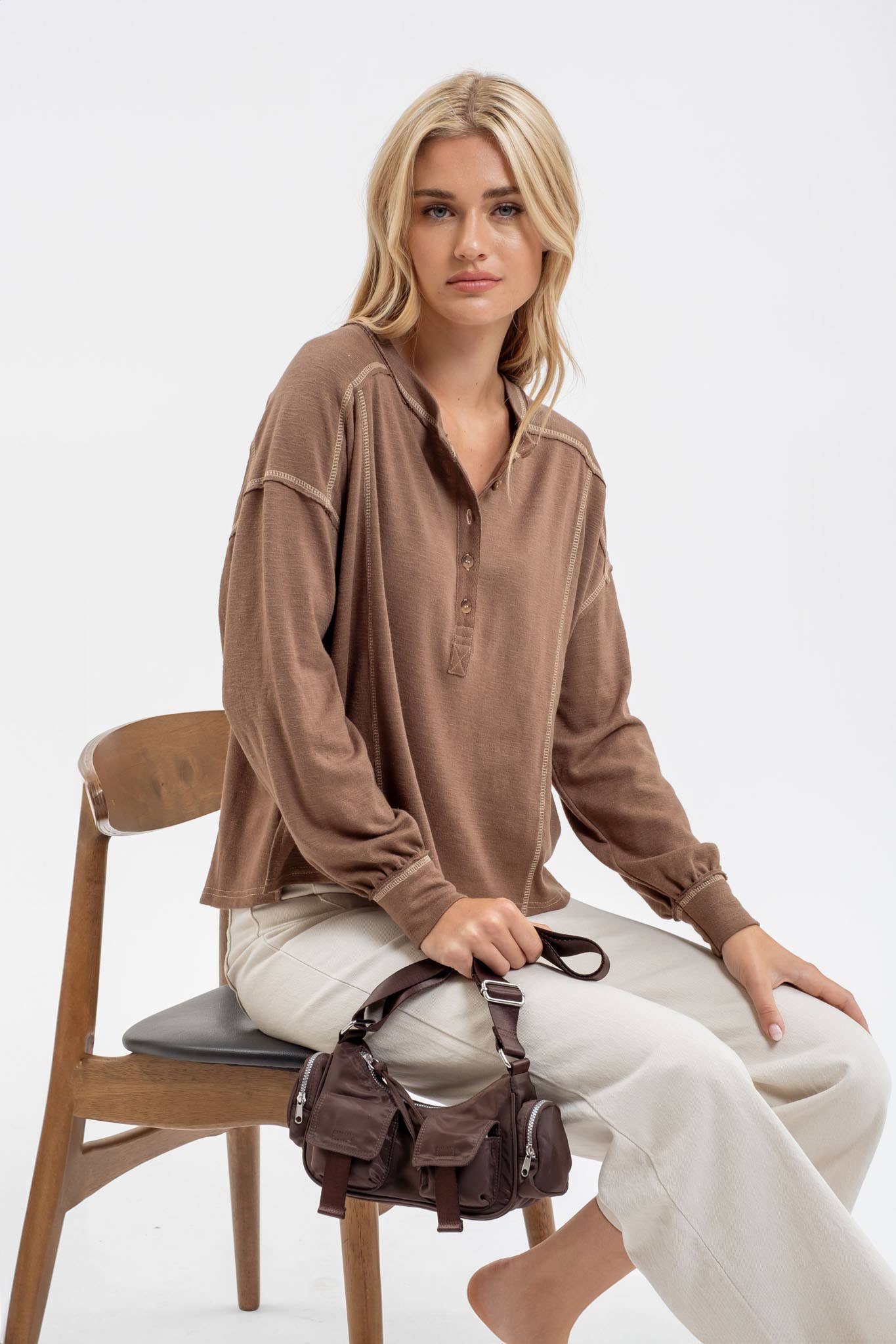 Brown Henley Knit Top