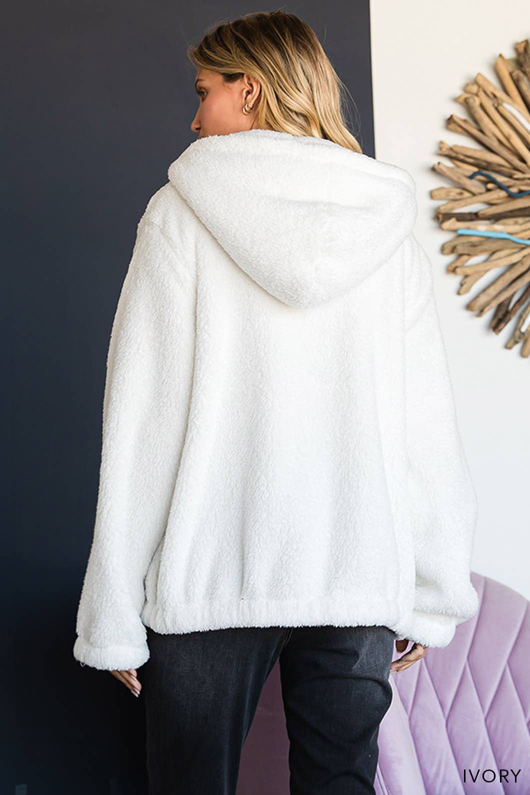 Faux Fur Hooded Zipper Front Jacket: IVORY