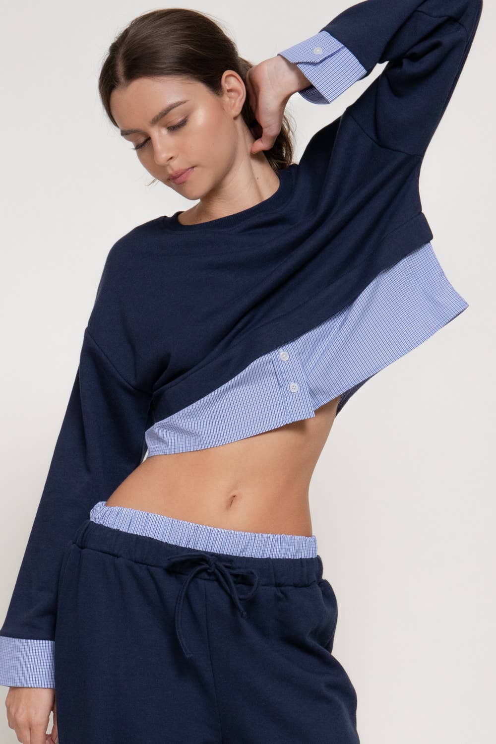 Navy Check Panel Sweatshirt