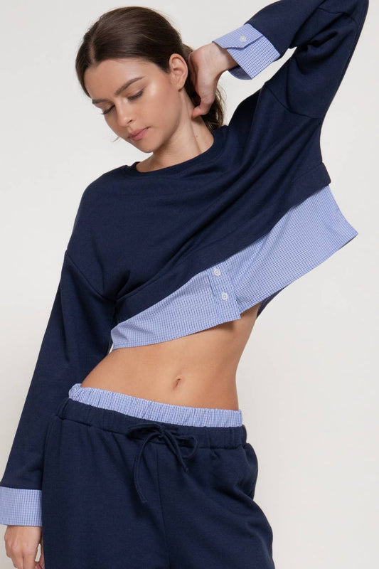 Navy Check Panel Sweatshirt