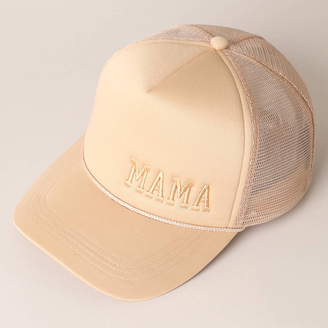 Mama Embroidered Foam Mesh Back Trucker Hat : Beige / ONE SIZE