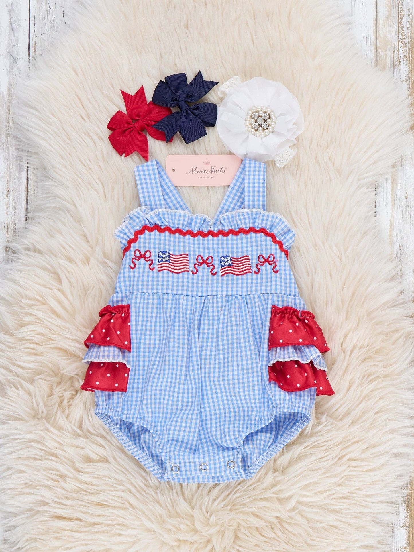 Patriotic Flag & Bows Embroidered Bubble Romper