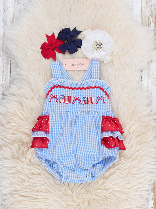 Patriotic Flag & Bows Embroidered Bubble Romper