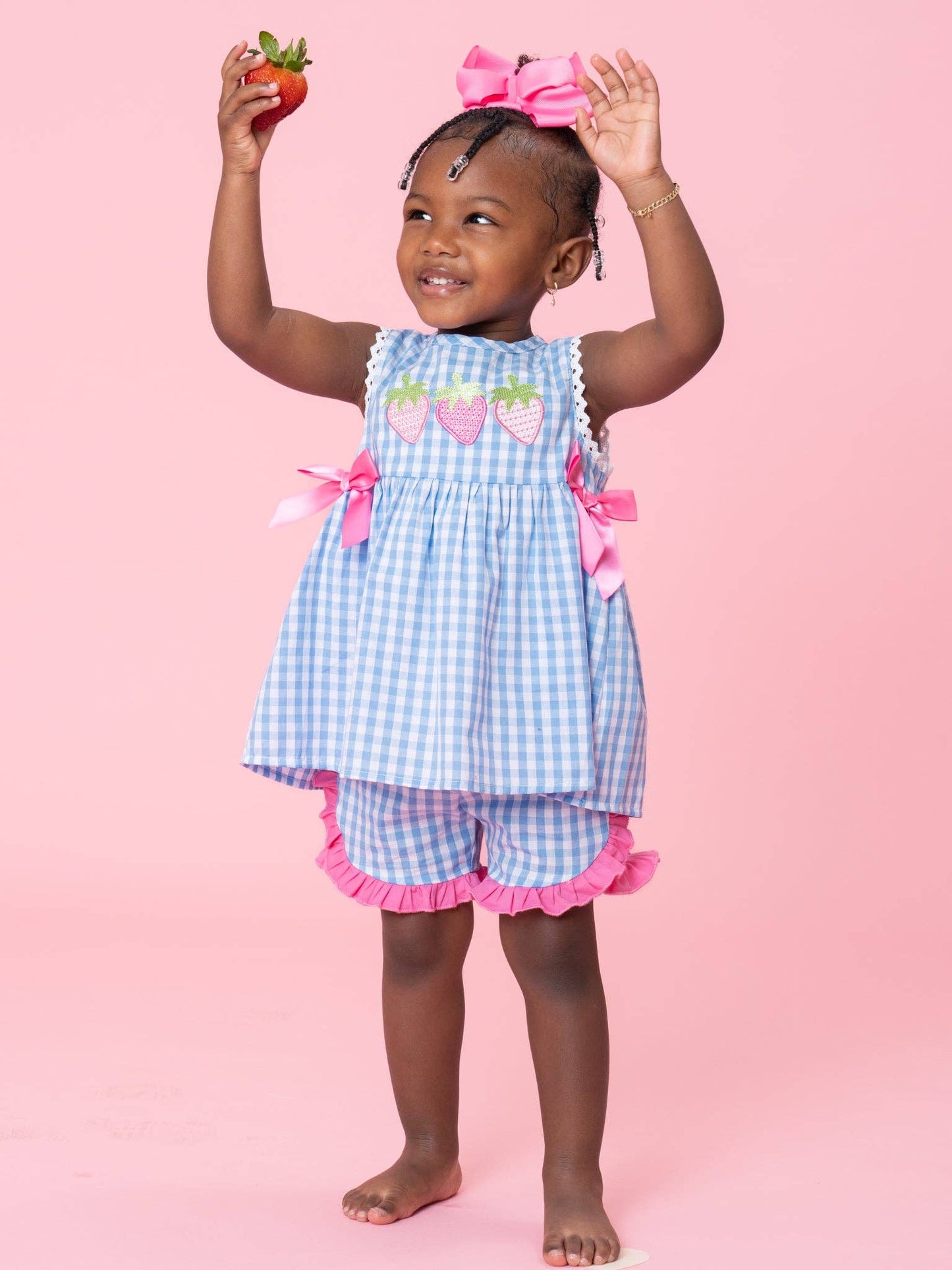 Gingham Embroidered Strawberry Ruffle Outfit