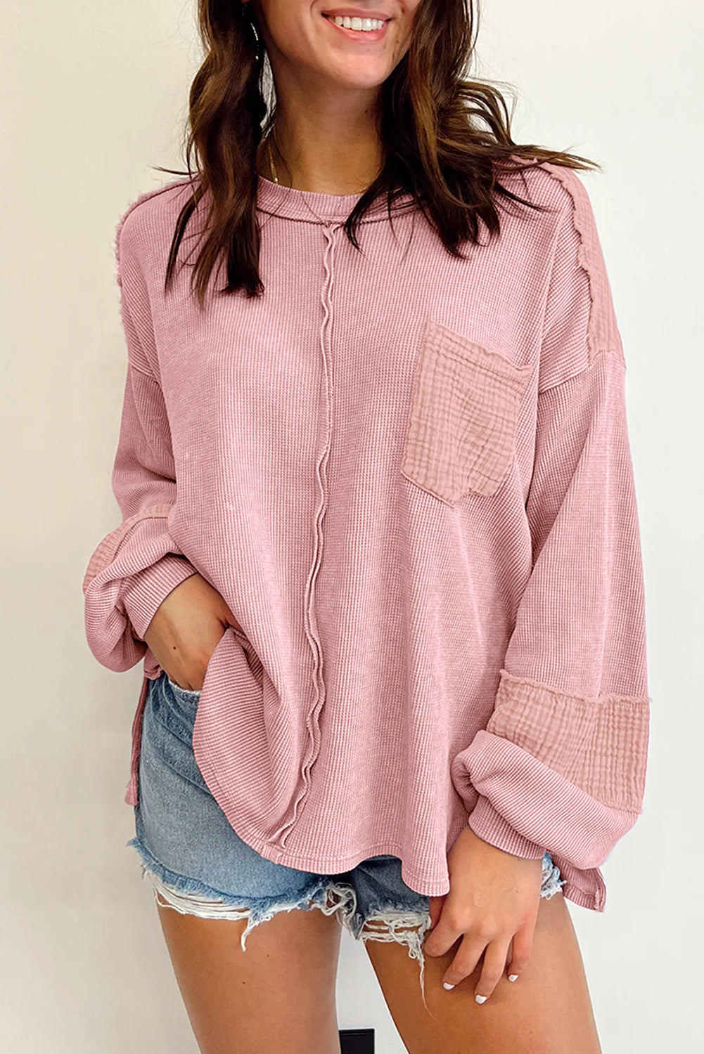 Pink Bubble Sleeve Waffle Top