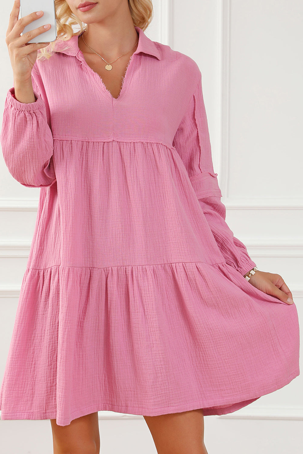 Pink Crinkled Tiered Dress