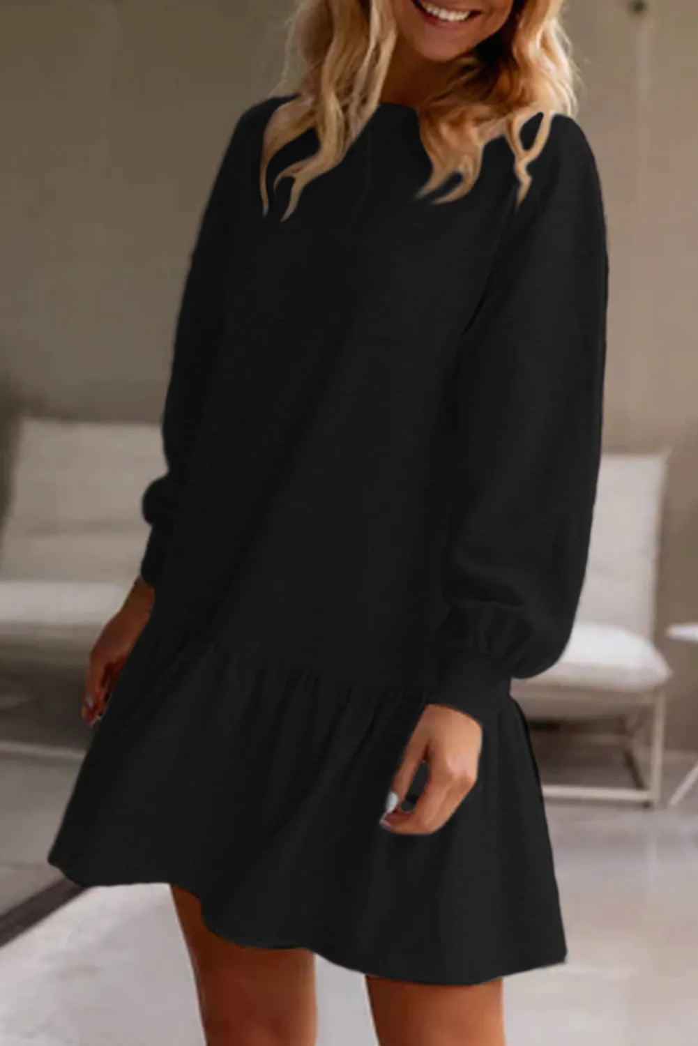 Black Ruffled Hem Mini Dress