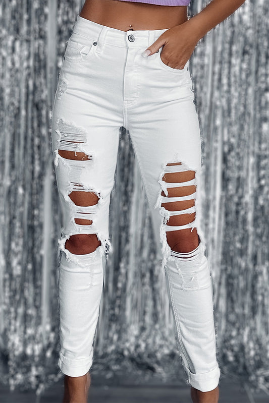 White Distressed High Waist Skinny Jean