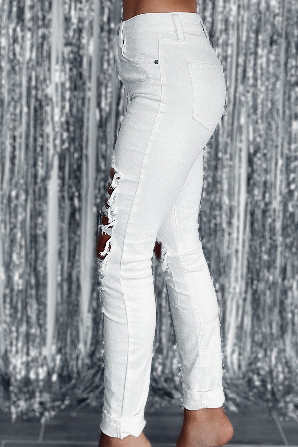 White Distressed High Waist Skinny Jean