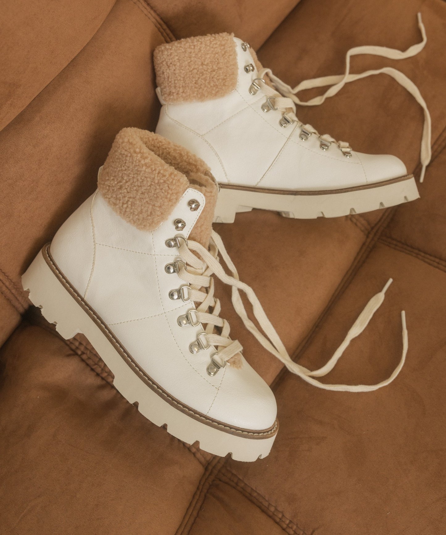 Cream Teddy Lace-Up Boots