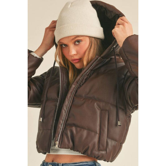 Hooded Faux Leather PU Crop Puffer Jacket : COFFEE