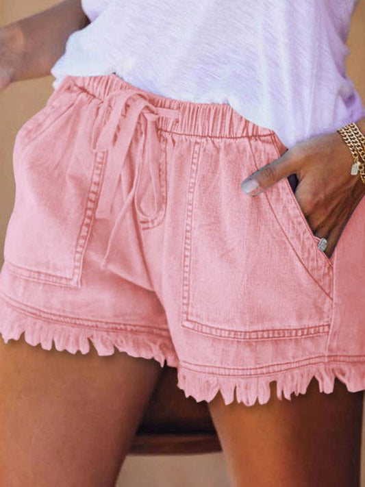 Casual Drawstring High Waisted Denim Fringed Shorts: PINK