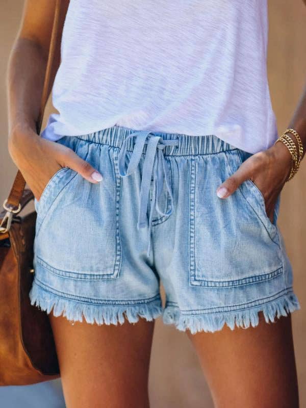 Casual Drawstring High Waisted Denim Fringed Shorts: LIGHT BLUE