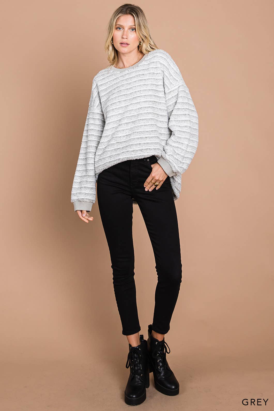 Casual Striped Faux Fur Pullover: GREY