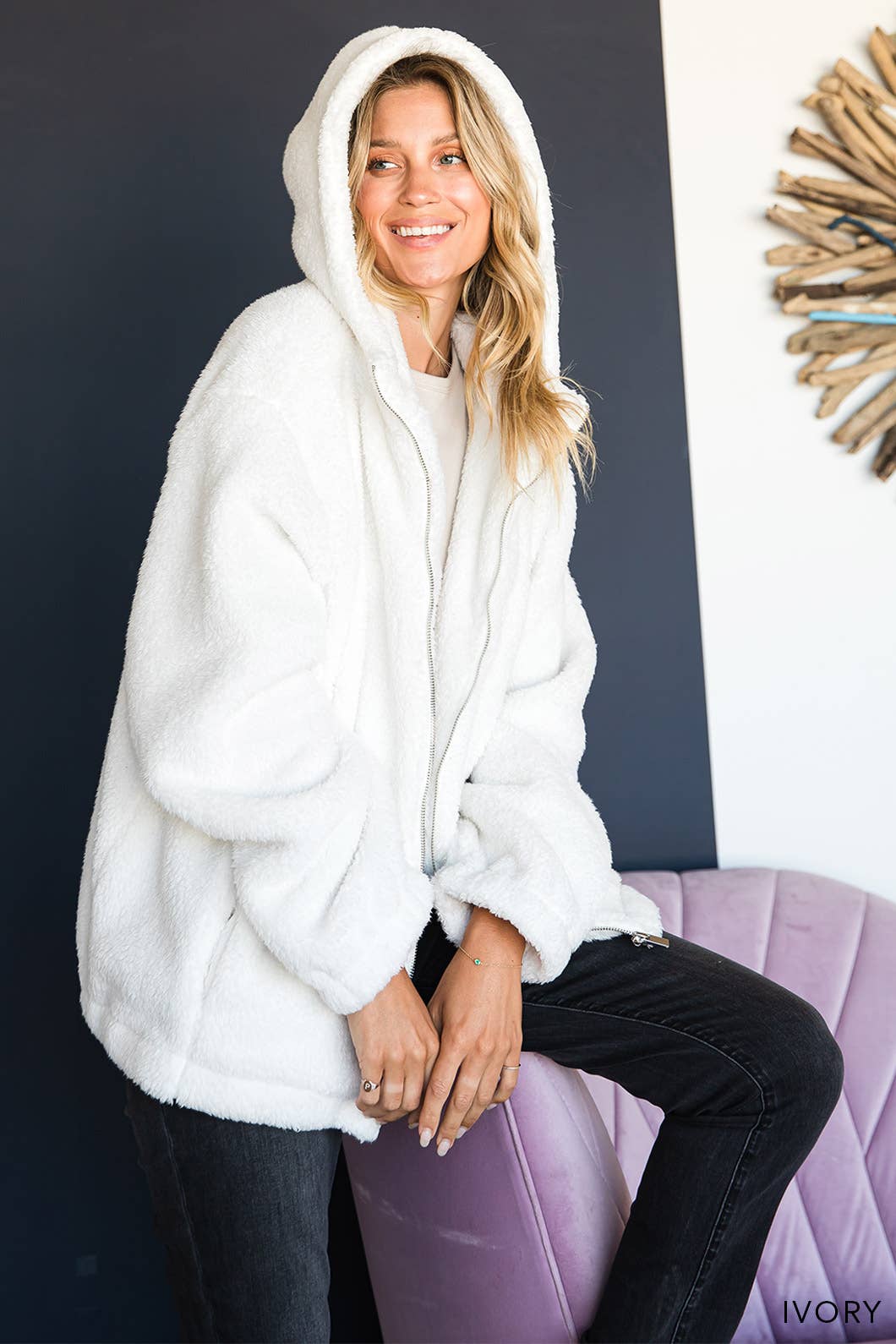 Faux Fur Hooded Zipper Front Jacket: IVORY