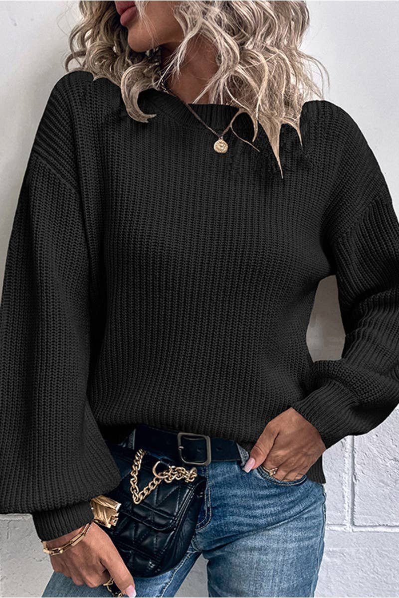 ROUND NECK PULLOVER SWEATER: BLACK / Large